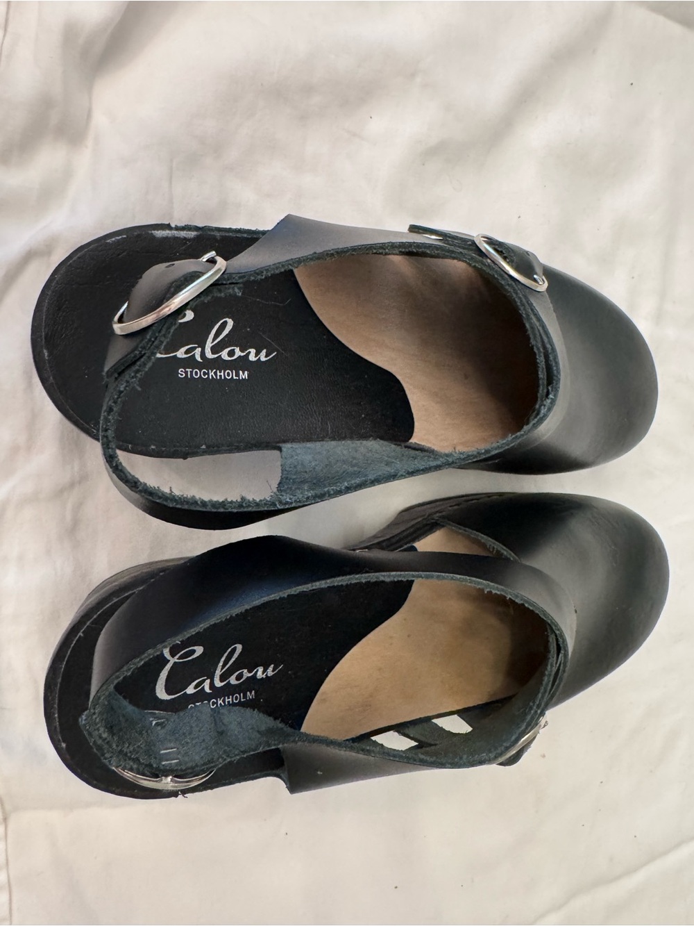Calou Astrid 37 RARE Medium 2" Heel Women’s Black Leather Buckle Clog Mules - Picture 7 of 9